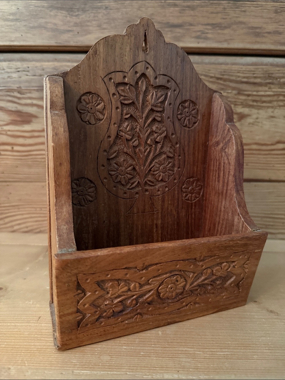 Vintage Handcrafted Wood Carved Wall Pocket Made in India